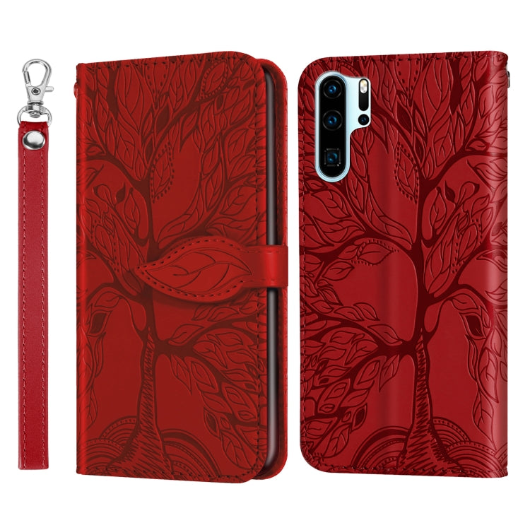 Red embossed leather wallet flip phone case with lanyard strap and dual camera opening
