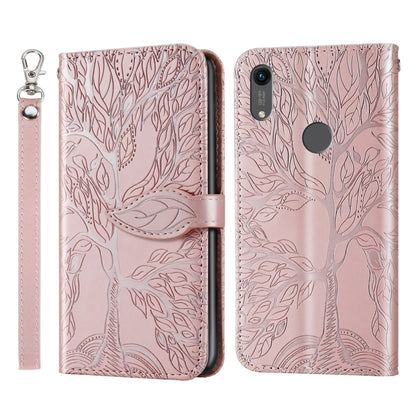 Rose gold embossed leaf-pattern flip wallet phone case with lanyard strap