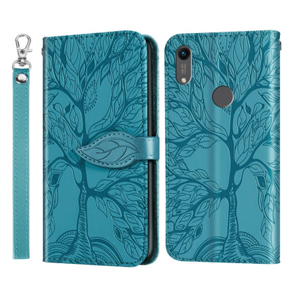 Turquoise embossed leather wallet flip phone case with lanyard strap and camera cutout