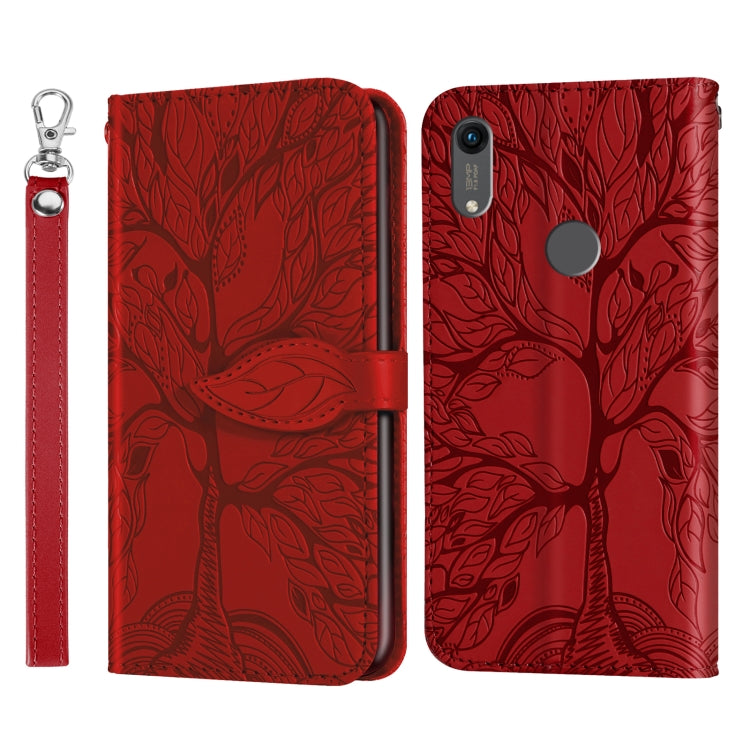 Red embossed leaf-pattern flip leather phone case with lanyard strap and clasp