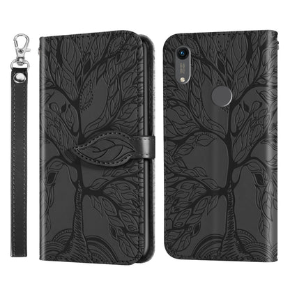 Black embossed leaf-pattern flip leather phone case with lanyard strap and silver circle