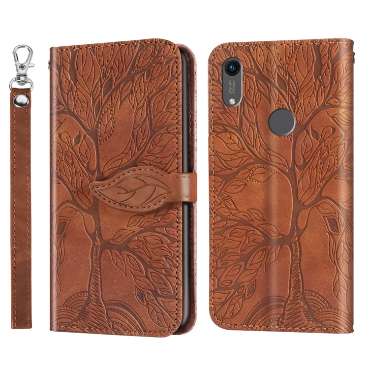 Embossed leather flip wallet phone case with lanyard strap, brown, magnetic closure