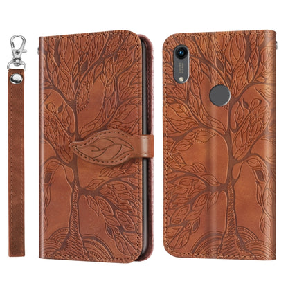 Embossed leather flip wallet phone case with lanyard strap, brown, magnetic closure