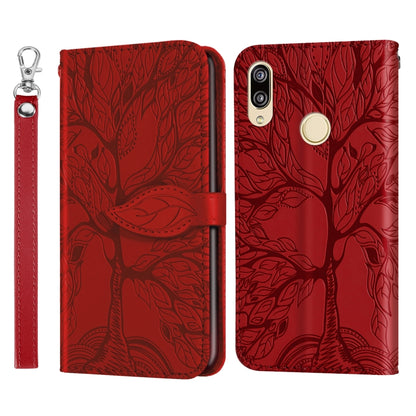 Red embossed leaf-pattern flip leather phone case with lanyard strap and gold button