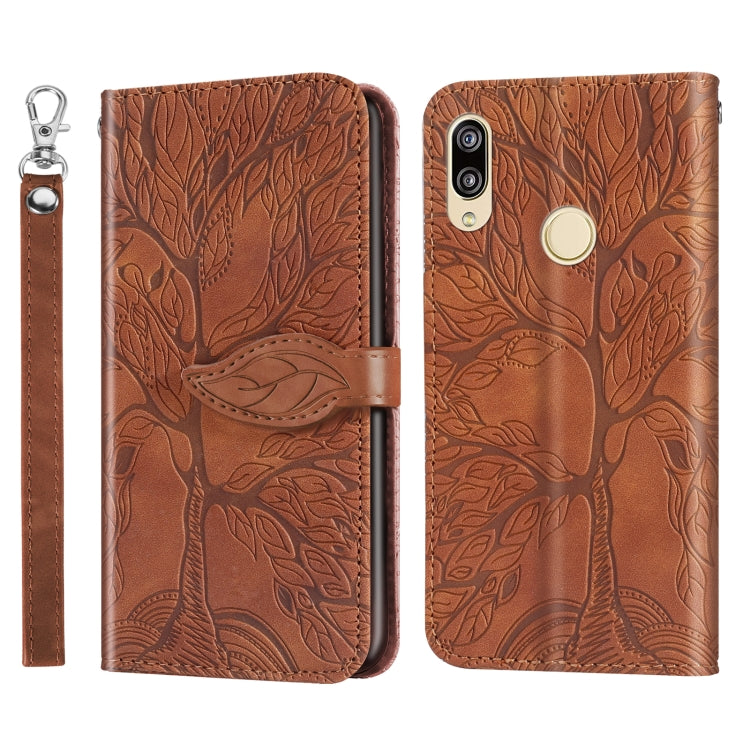 Embossed leather flip wallet phone case with lanyard strap and back camera cutout, brown