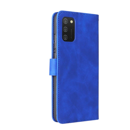 Blue PU leather flip phone case with cutout camera window and side strap