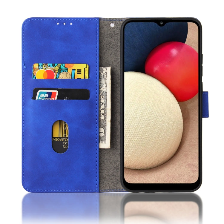 Blue PU leather flip case with card slots and magnetic clasp, phone docked inside