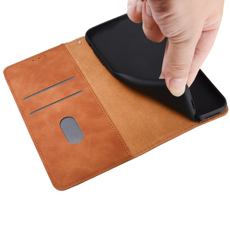 Tan PU leather flip wallet case interior with card slots and phone holder panel.