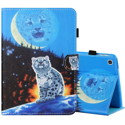Blue folio tablet case with cat and moon print, front flap folded as a stand