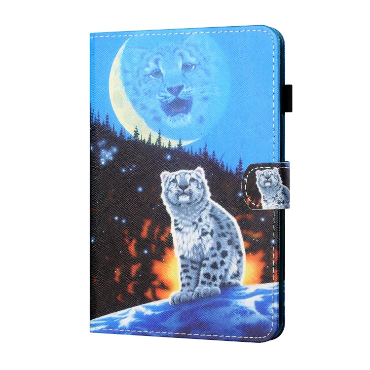 Blue folio tablet case with cat, moon, and forest scene print; front flap closed