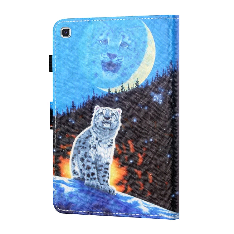 Blue folio tablet case with cat and moon graphic; camera cutout on front