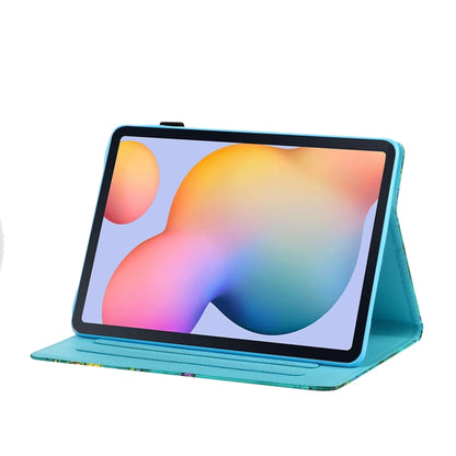 Blue folio tablet case with stand; colorful tablet screen visible behind