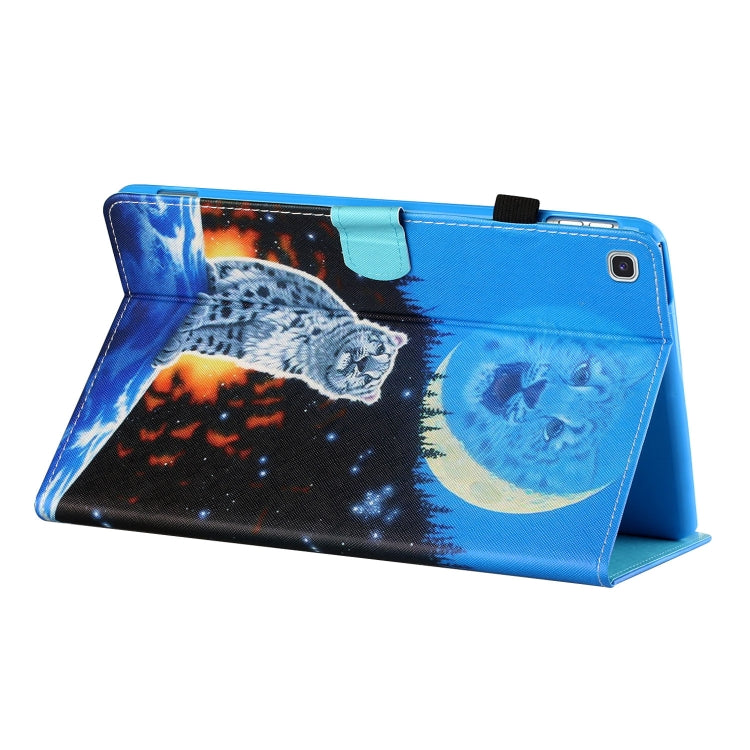 Blue folio tablet case with cat and moon print, stand open for viewing