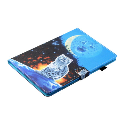 Blue folio tablet case with cat, moon, and forest design; front flap closed