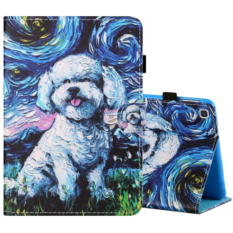 Tablet leather folio case with white-and-blue dog print, front flap, and camera cutout