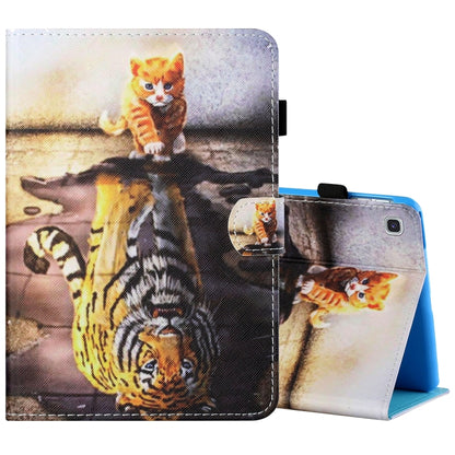 Printed tablet leather case with orange cat and tiger design, front flap and camera cutout