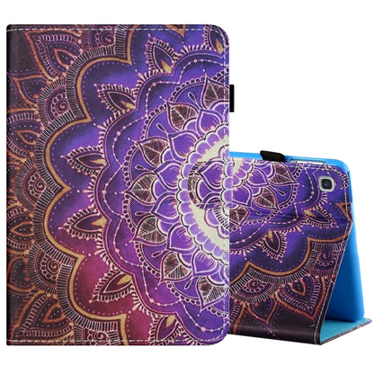 Painted flat leather tablet case with purple mandala art, pen cover, card slot