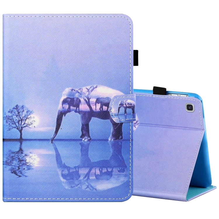 Painted flat leather tablet case with elephant scene, pen cover, card slot
