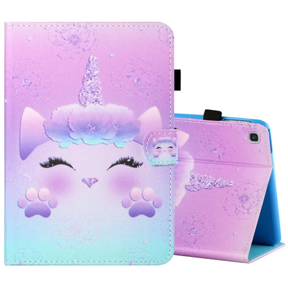 Painted leather-look tablet folio case with unicorn and cat paw design, stand support