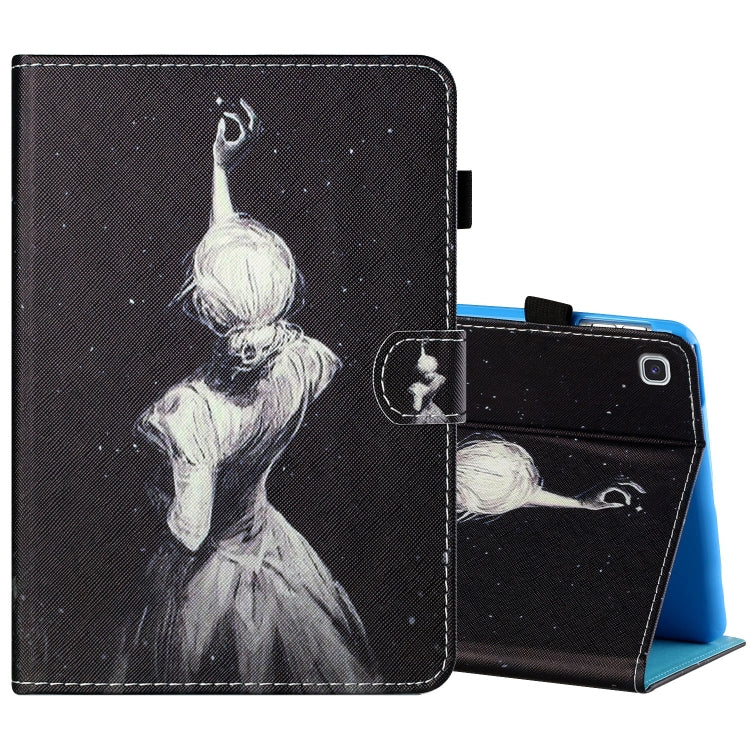 Printed tablet leather folio case with pen holder and cat and moon artwork, angled view