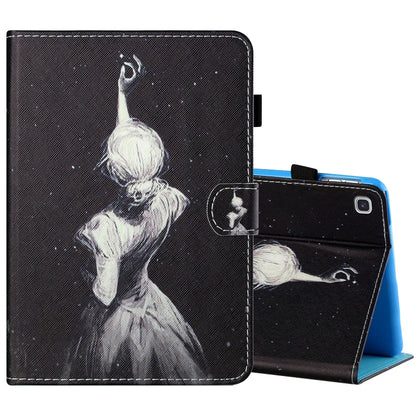 Printed tablet leather folio case with pen holder and cat and moon artwork, angled view