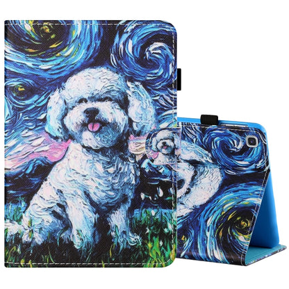 White dog and blue swirl print tablet case with front flap and stand viewing angle