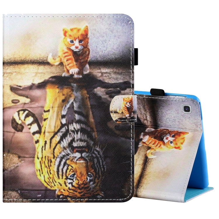 Tablet leather folio with cat-and-animal print, front flap, and stand for upright viewing