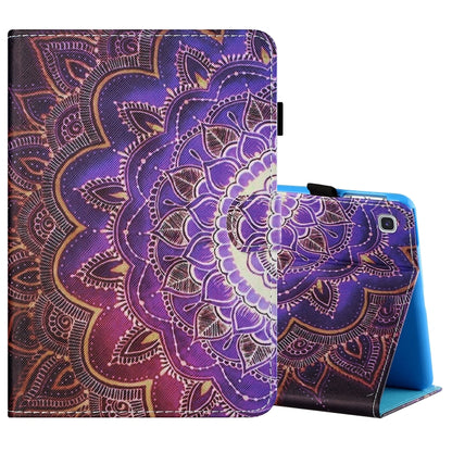 Painted flat leather tablet case with purple mandala art, pen cover, card slot
