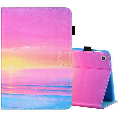 Tablet folio case with pen cover and stand; pink-to-blue sunset gradient