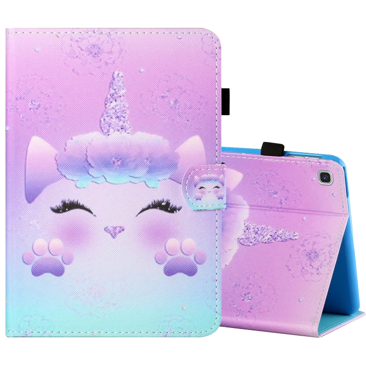 Painted leather-look tablet folio case with pastel unicorn and paw graphics, stand support