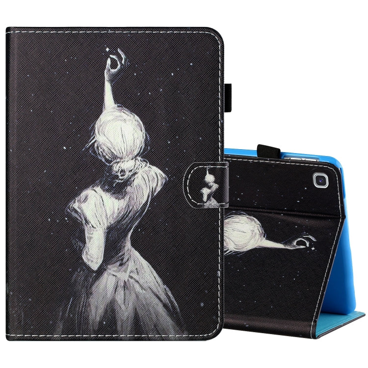 Printed tablet leather folio case with pen holder and cat and moon artwork, stand position