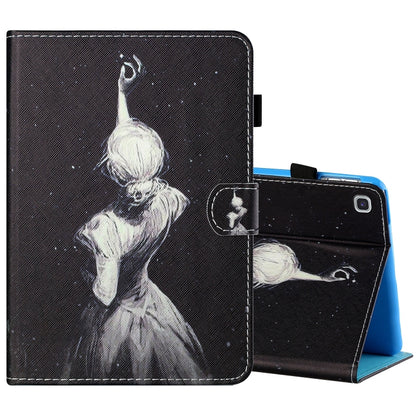 Printed tablet leather folio case with pen holder and cat and moon artwork, stand position