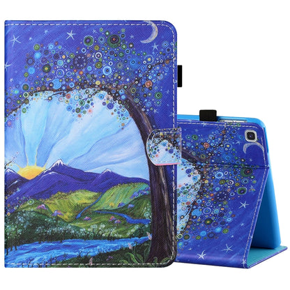 Printed tablet leather folio case with pen holder and scenic night landscape artwork, angled