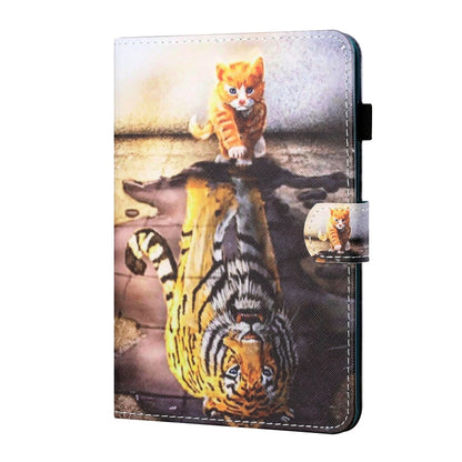 Tablet leather case with orange cat and animal print, front flap and camera cutout
