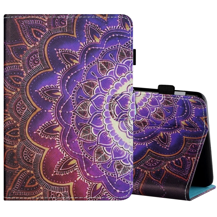 Painted flat leather tablet case with purple mandala art, pen cover, card slot