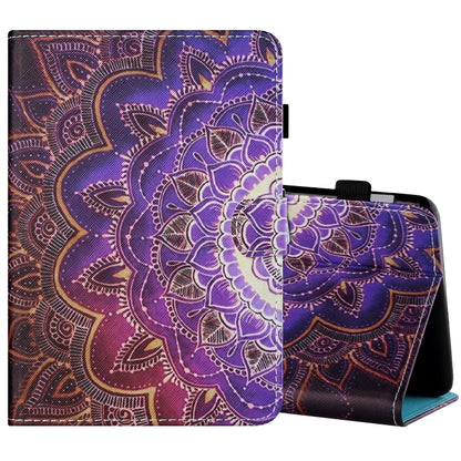 Painted flat leather tablet case with purple mandala art, pen cover, card slot