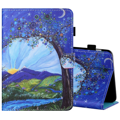 Painted flat leather tablet case with starry landscape art, pen cover, card slot
