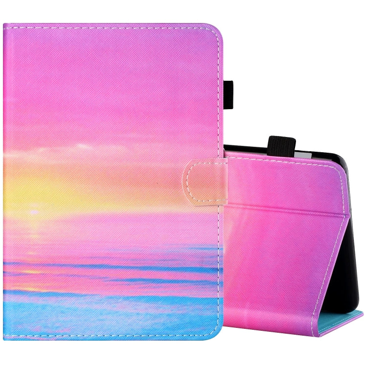 Tablet folio case with pen cover and stand; vibrant pink sky with blue ocean gradient