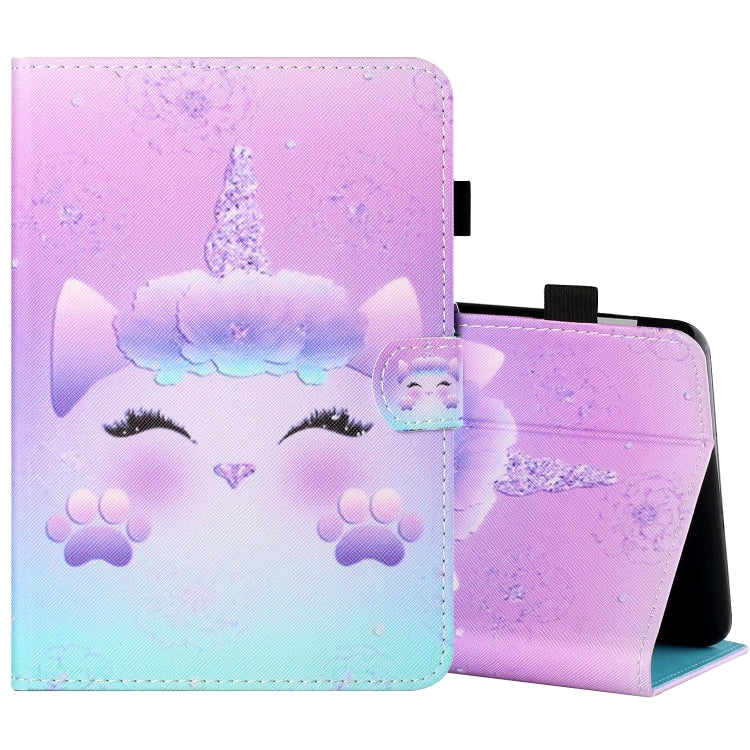 Painted leather-look tablet folio case with cute unicorn and cat paw design, stand support