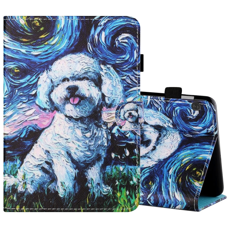 Tablet leather folio with dog print, front flap, and side camera opening on right