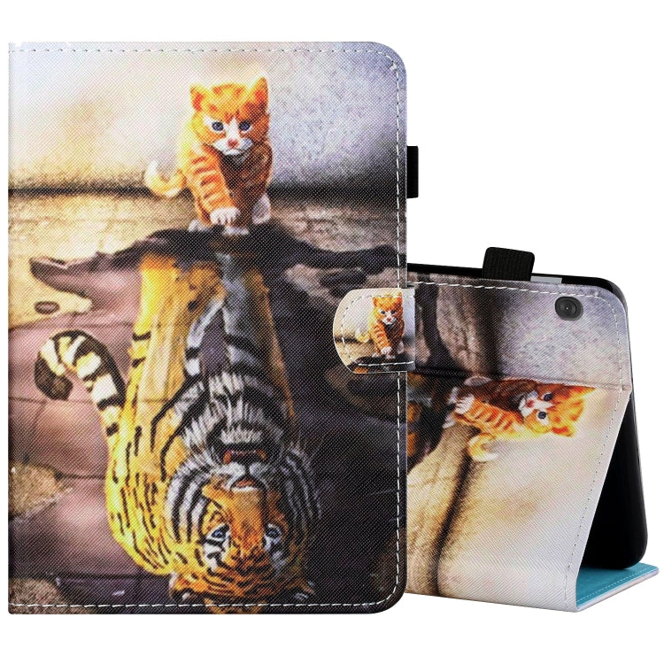 Painted flat leather tablet case with cat-and-tiger art, pen cover, card slot