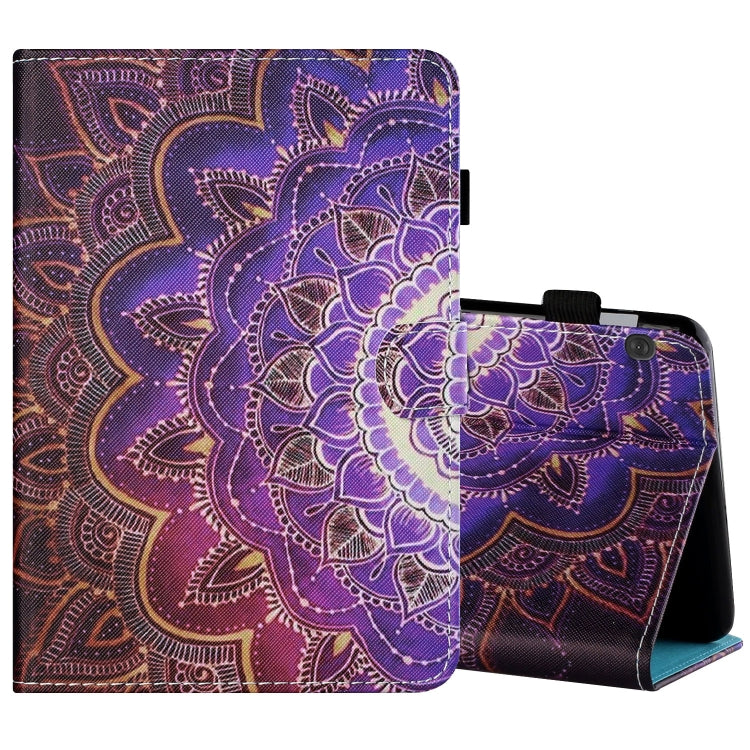 Painted flat leather tablet case with purple mandala art, pen cover, card slot