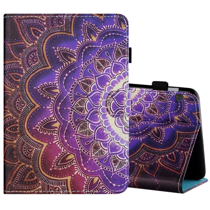 Painted flat leather tablet case with purple mandala art, pen cover, card slot