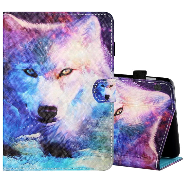 Painted leather-look tablet folio case with wolf design, pen cover flap, stand support