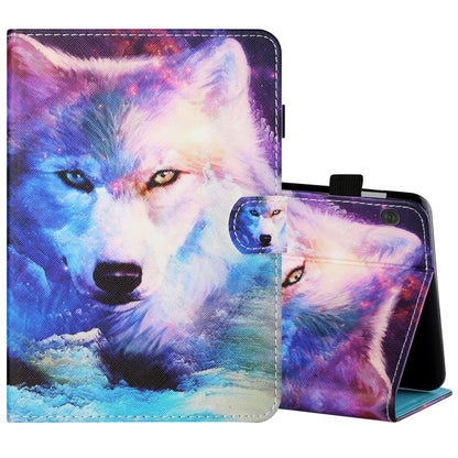 Painted leather-look tablet folio case with wolf design, pen cover flap, stand support