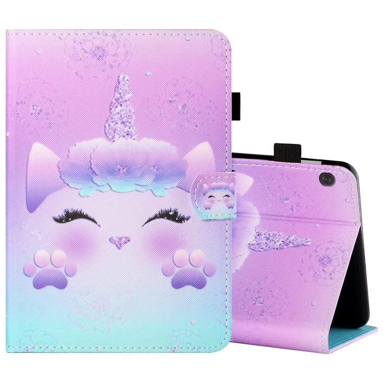 Painted leather-look tablet folio case with unicorn face and paw prints, stand support