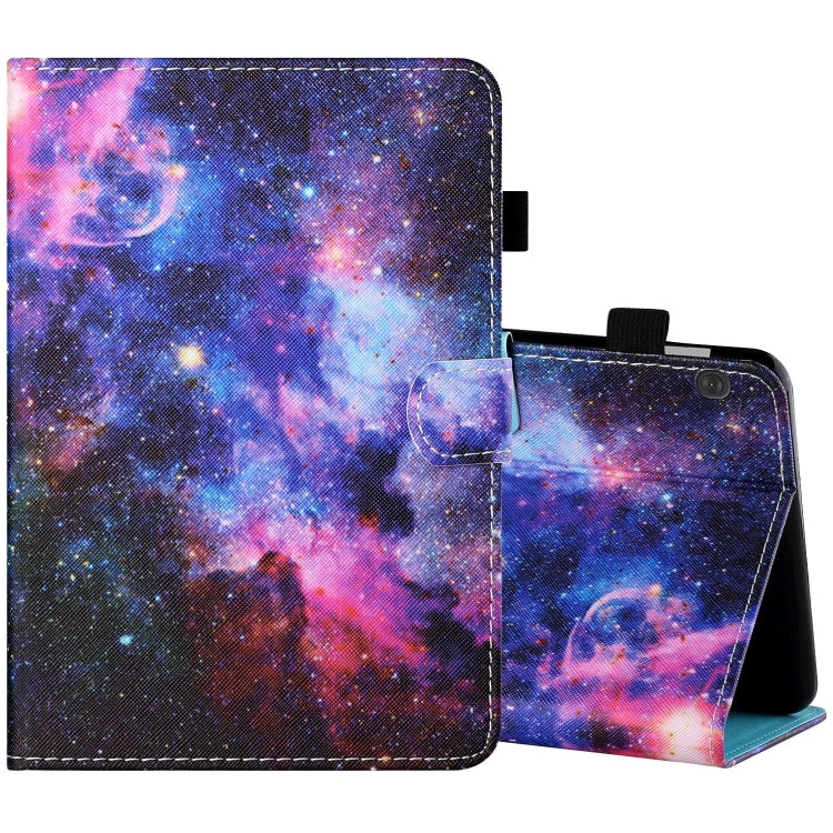 Printed tablet leather folio case with pen holder and starry galaxy artwork, stand view