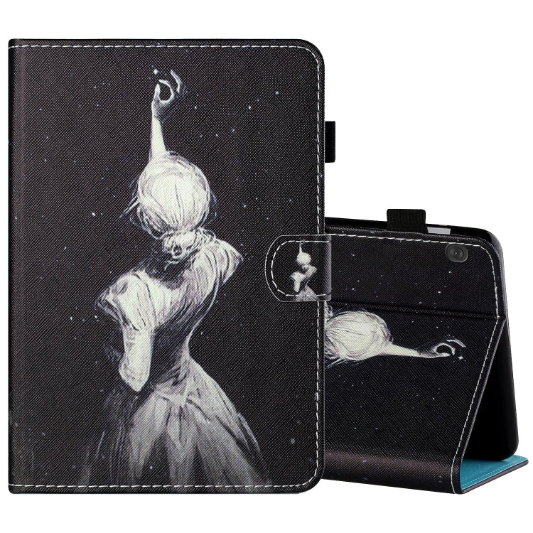 Printed tablet leather folio case with pen holder and cat and moon artwork, back flap view