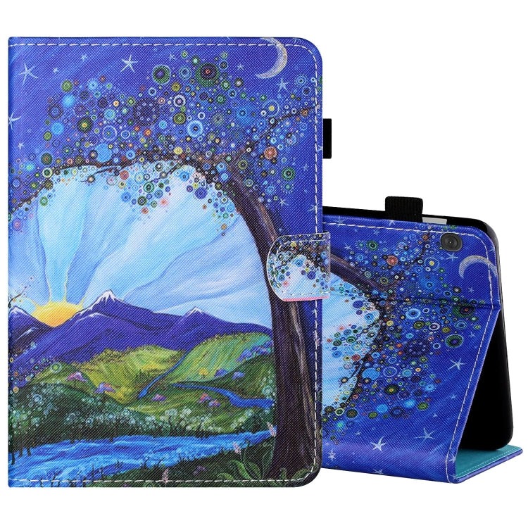 Tablet folio leather case with pen cover, blue starry landscape print, stand support