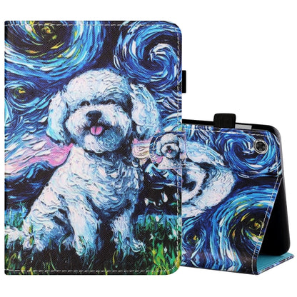 Dog printed tablet leather case with front flap and angled kickstand for viewing